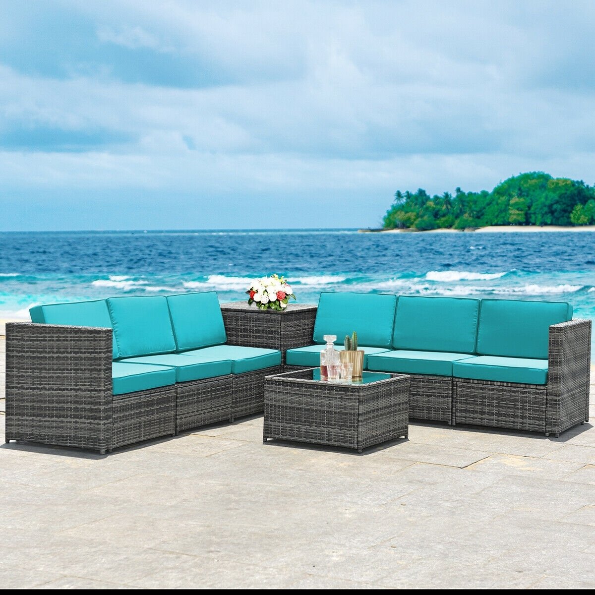 8 Piece Wicker Sectional Set with Storage Cabinet and Glass Coffee Table, Turquoise