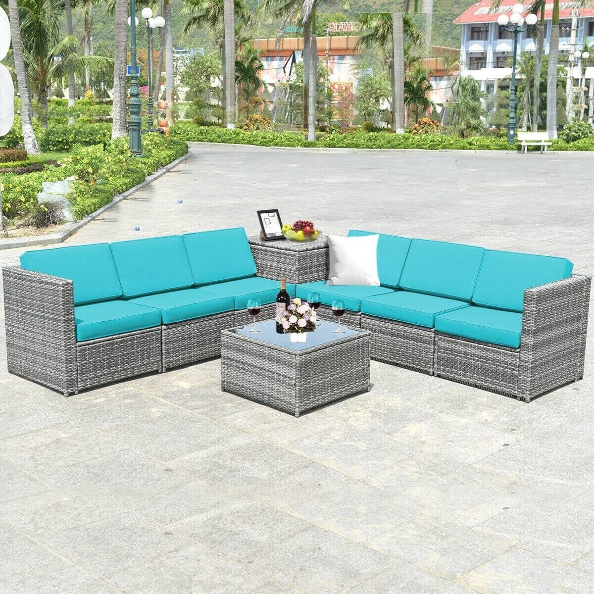 8 Piece Wicker Sectional Set with Storage Cabinet and Glass Coffee Table, Turquoise