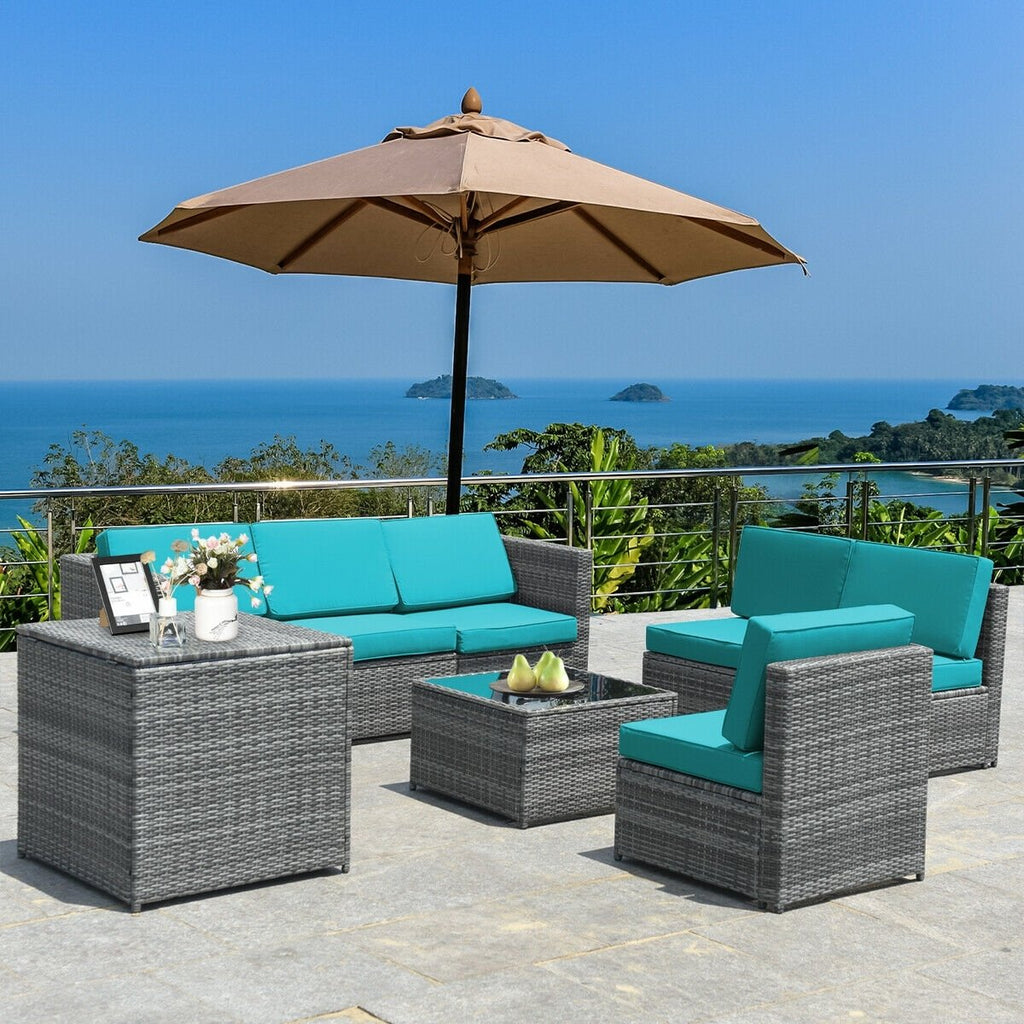 8 Piece Wicker Sectional Set with Storage Cabinet and Glass Coffee Table, Turquoise