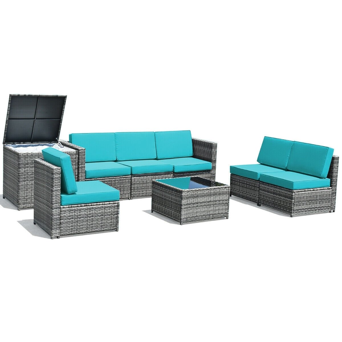 8 Piece Wicker Sectional Set with Storage Cabinet and Glass Coffee Table, Turquoise