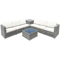 8 Piece Wicker Sectional Set with Storage Cabinet and Glass Coffee Table, Off White