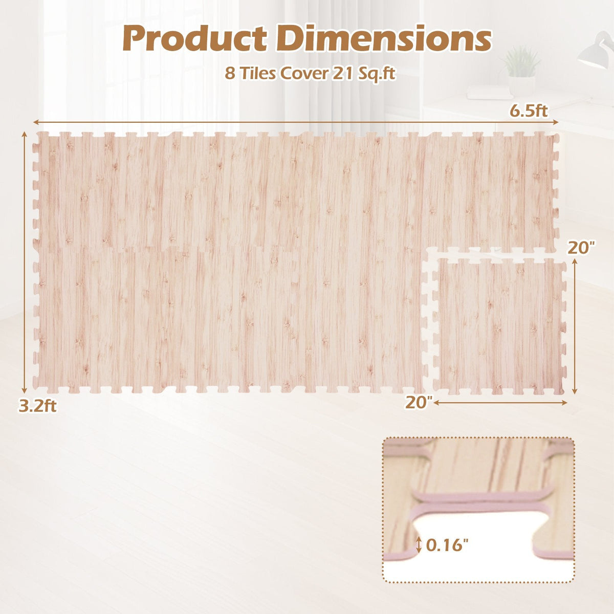 8 Pieces EVA Foam Floor Tiles with Wood Texture