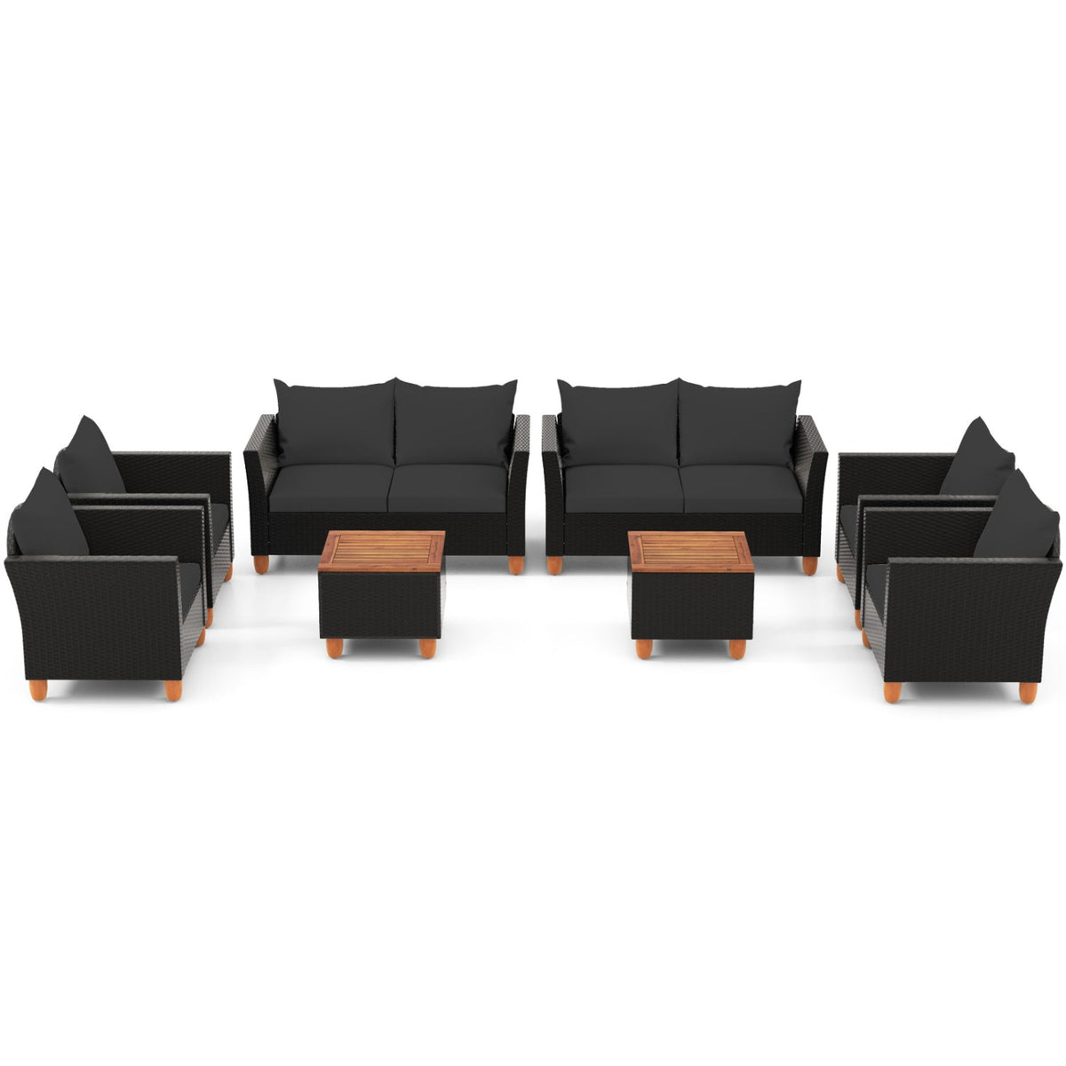 8 Piece Black Wicker Patio Conversation Set with 2 Storage Coffee Tables, Black