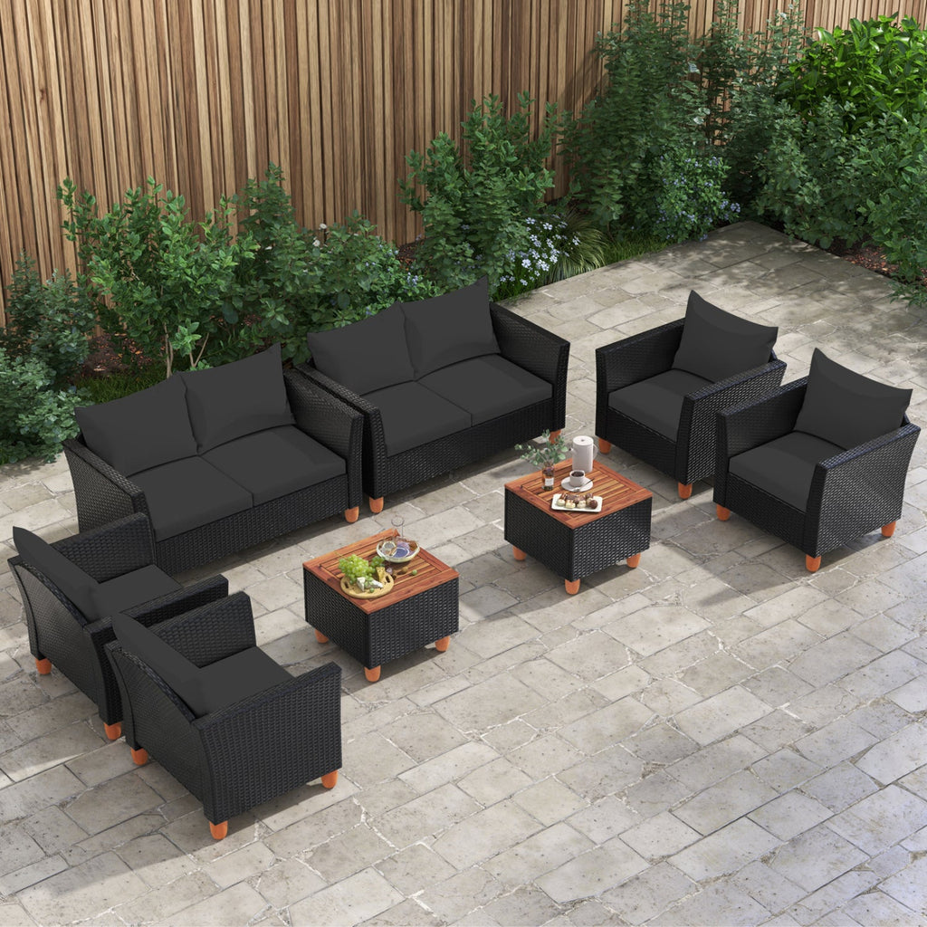 8 Piece Black Wicker Patio Conversation Set with 2 Storage Coffee Tables, Black
