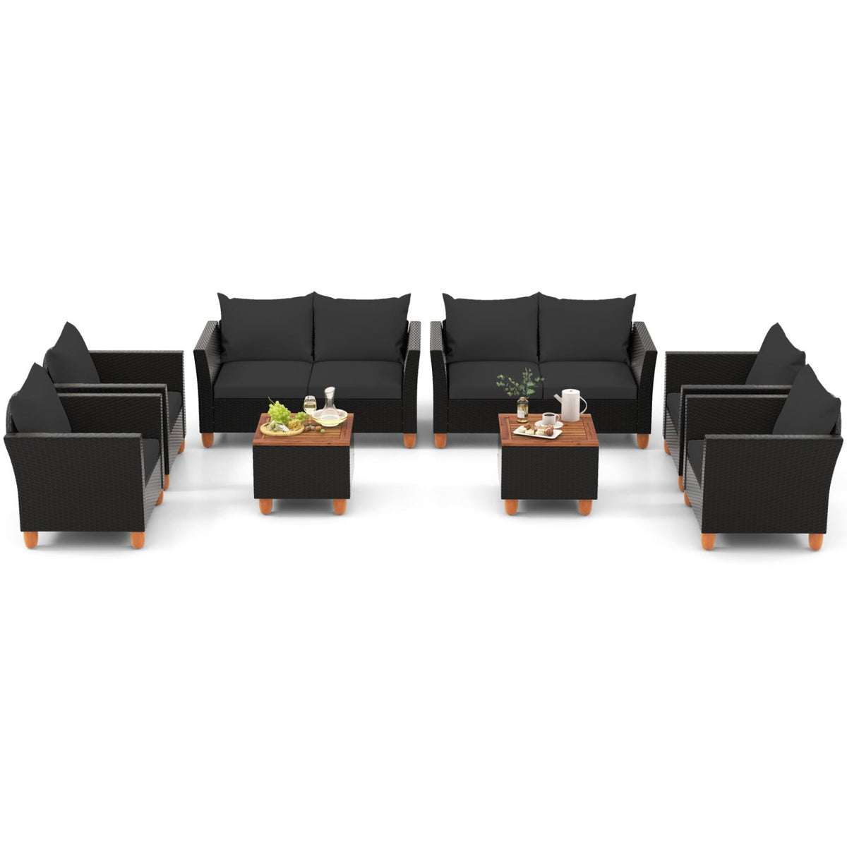 8 Piece Black Wicker Patio Conversation Set with 2 Storage Coffee Tables, Black
