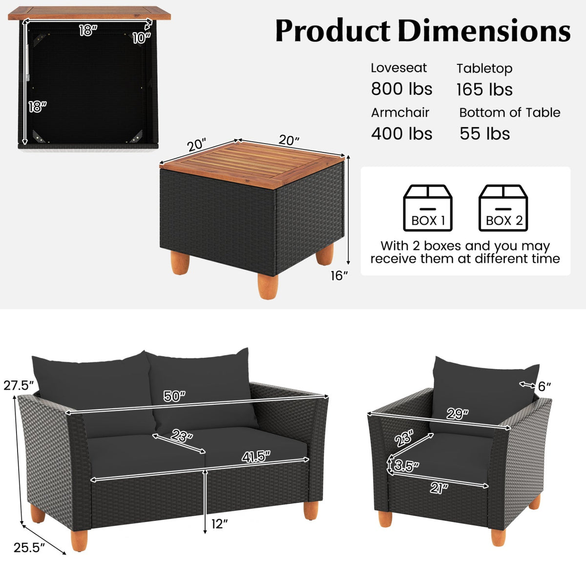 8 Piece Black Wicker Patio Conversation Set with 2 Storage Coffee Tables, Black