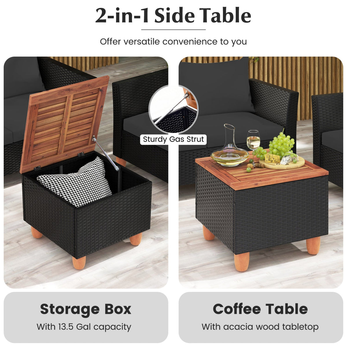 8 Piece Black Wicker Patio Conversation Set with 2 Storage Coffee Tables, Black