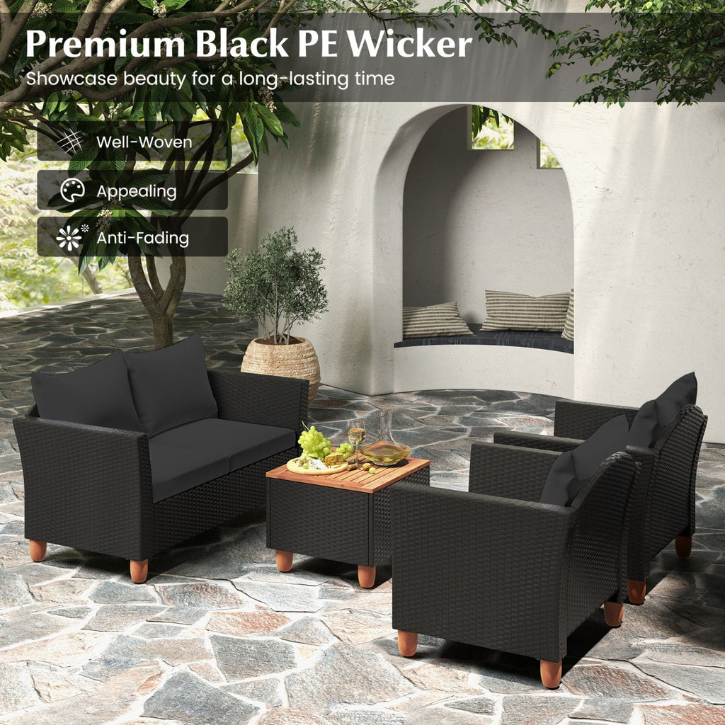 8 Piece Black Wicker Patio Conversation Set with 2 Storage Coffee Tables, Black
