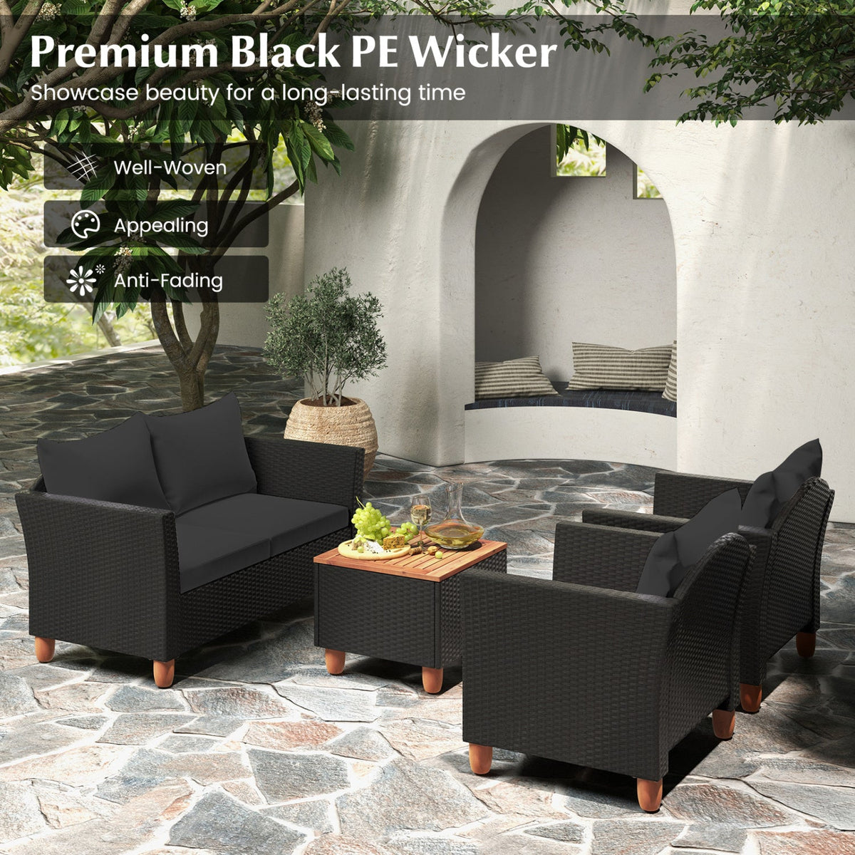 8 Piece Black Wicker Patio Conversation Set with 2 Storage Coffee Tables, Black