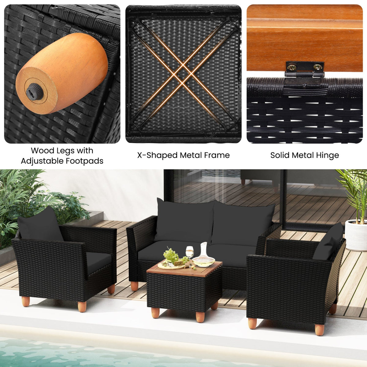 8 Piece Black Wicker Patio Conversation Set with 2 Storage Coffee Tables, Black