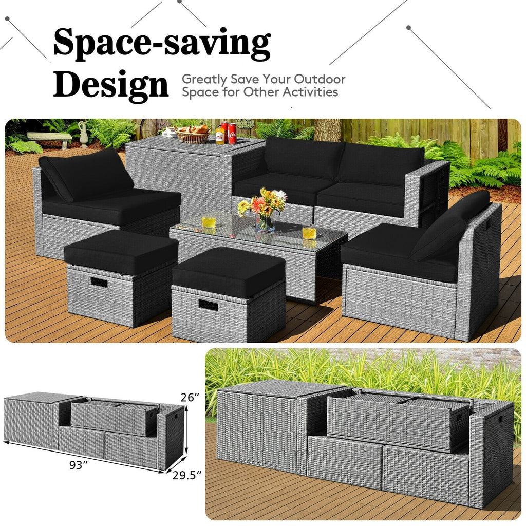 8 Piece Patio Rattan Set with Storage, Nesting Design and Waterproof Cover, Black