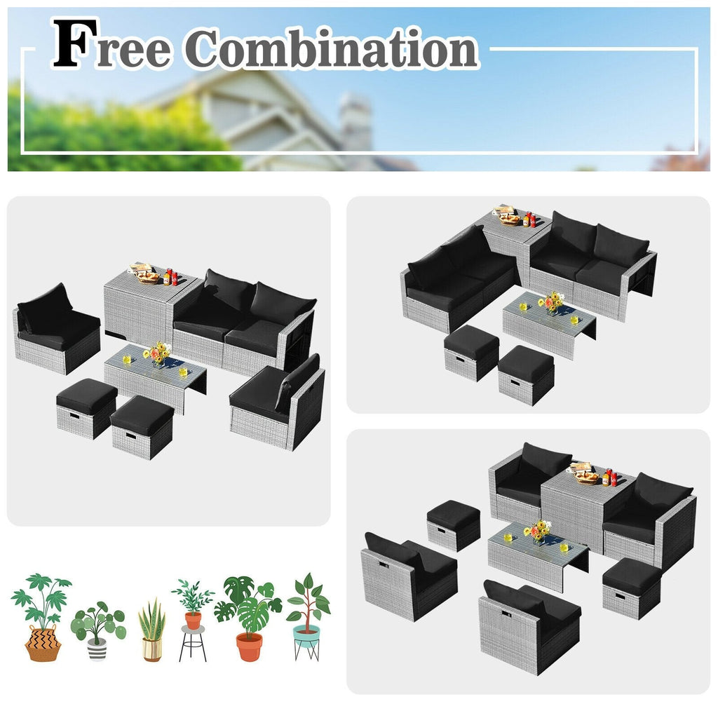 8 Piece Patio Rattan Set with Storage, Nesting Design and Waterproof Cover, Black