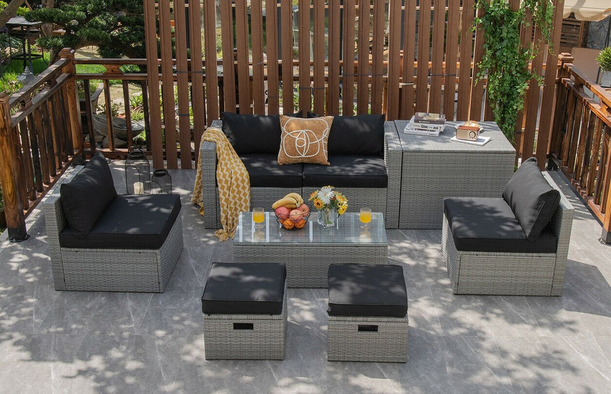 8 Piece Patio Rattan Set with Storage, Nesting Design and Waterproof Cover, Black