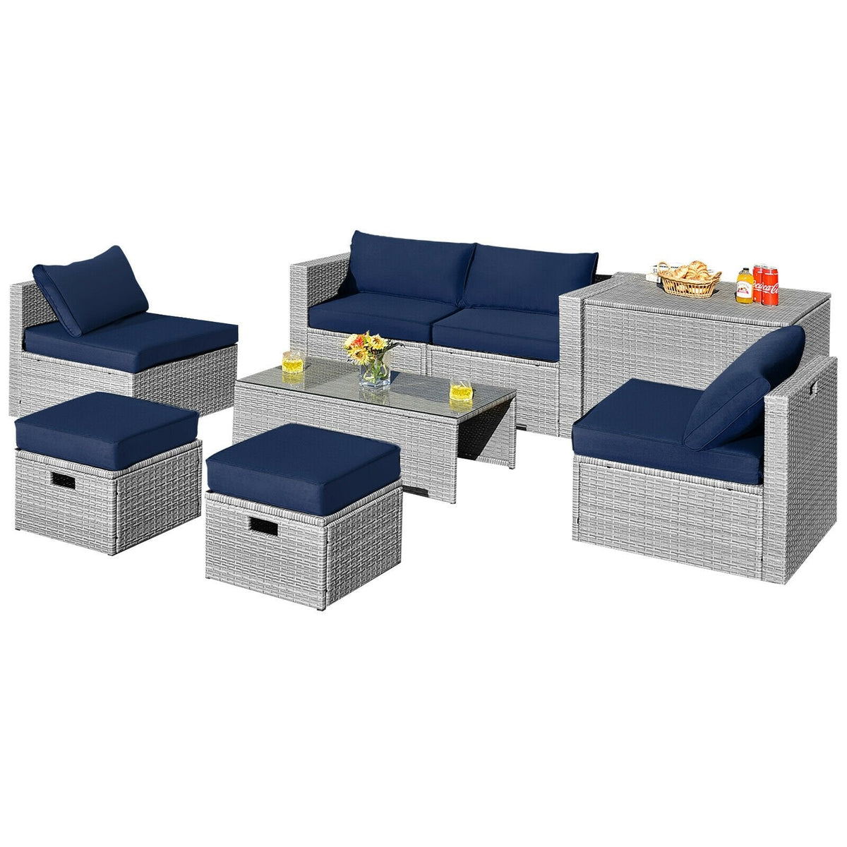 8 Piece Patio Rattan Set with Storage, Nesting Design and Waterproof Cover, Navy
