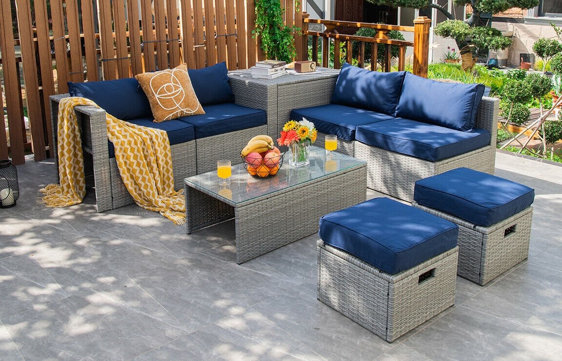 8 Piece Patio Rattan Set with Storage, Nesting Design and Waterproof Cover, Navy