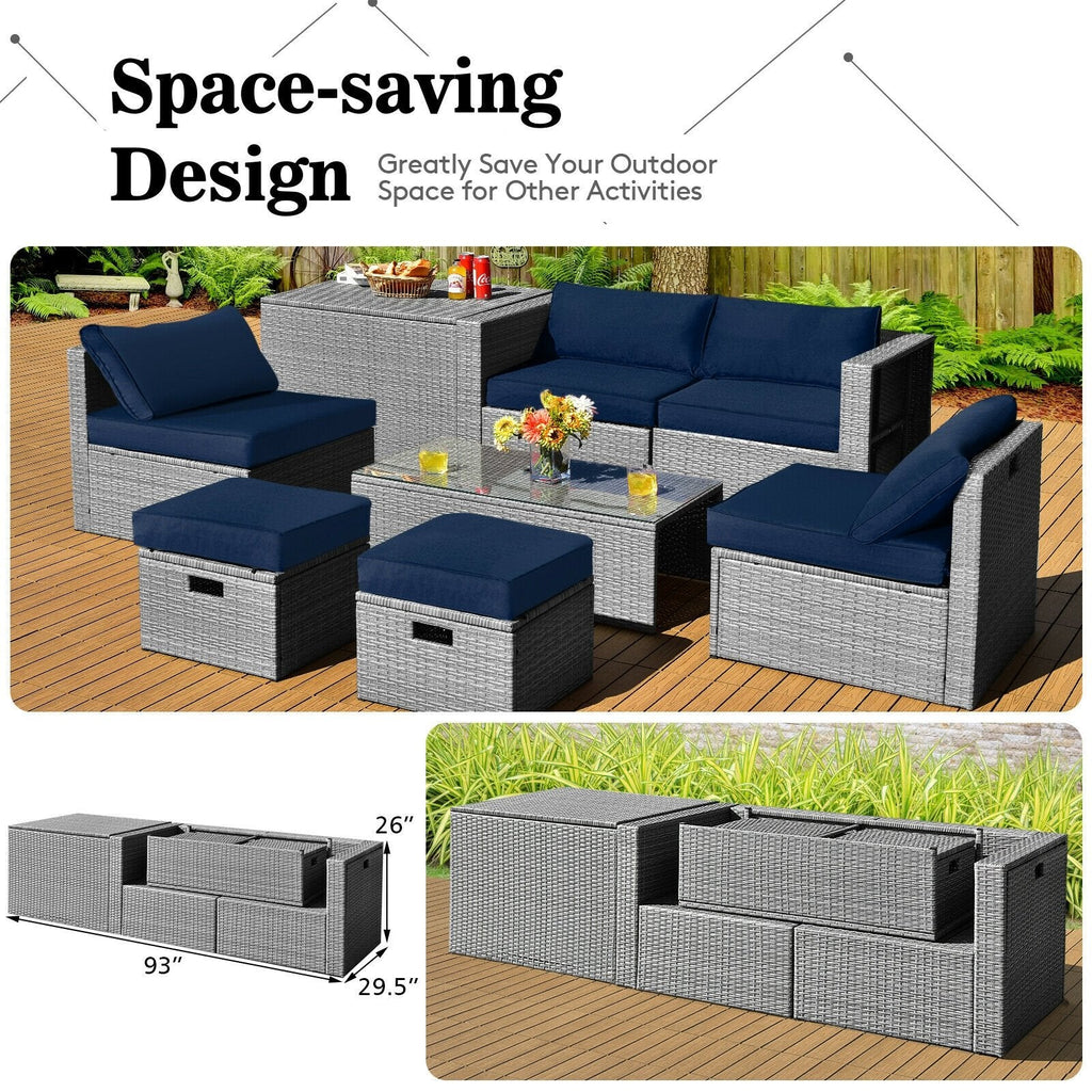 8 Piece Patio Rattan Set with Storage, Nesting Design and Waterproof Cover, Navy