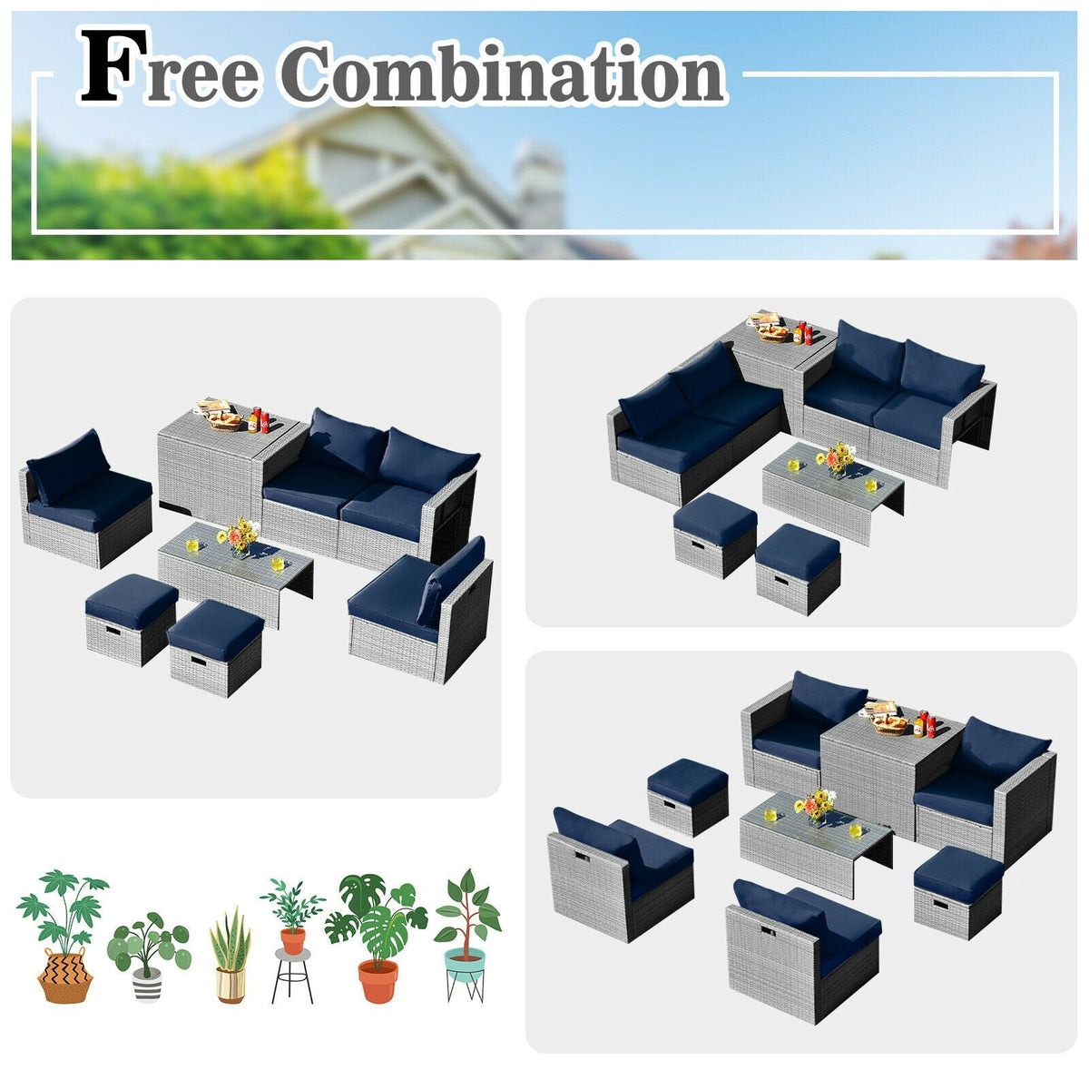 8 Piece Patio Rattan Set with Storage, Nesting Design and Waterproof Cover, Navy