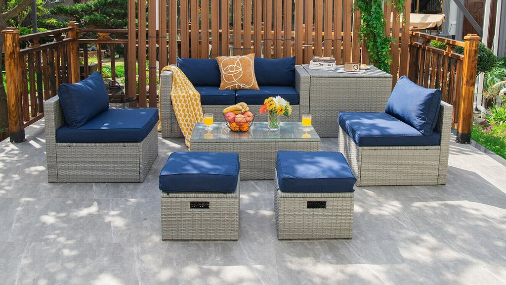 8 Piece Patio Rattan Set with Storage, Nesting Design and Waterproof Cover, Navy