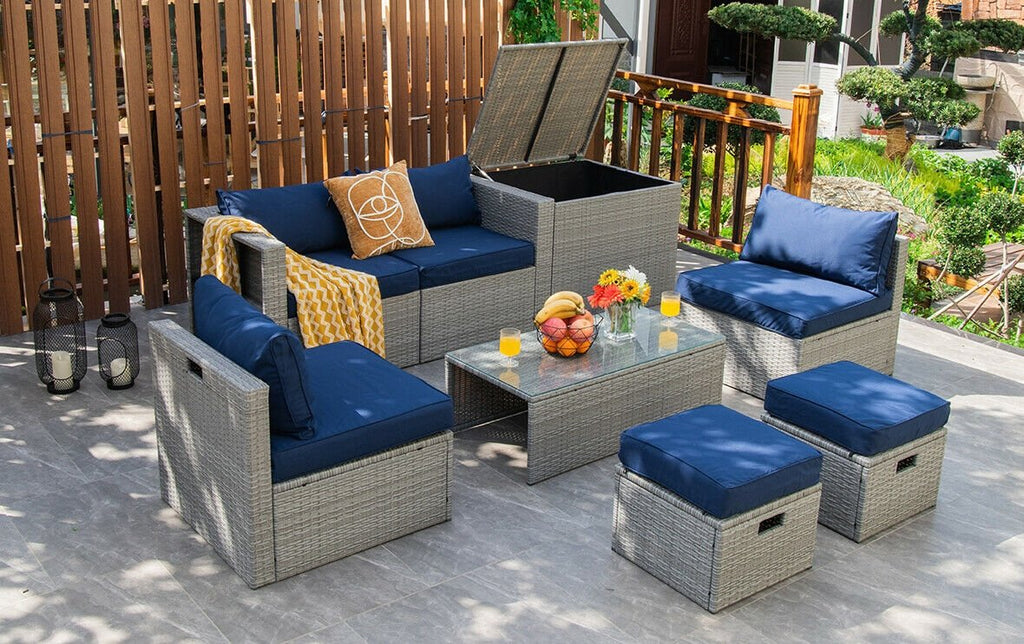 8 Piece Patio Rattan Set with Storage, Nesting Design and Waterproof Cover, Navy