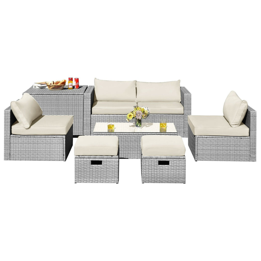 8 Piece Patio Rattan Set with Storage, Nesting Design and Waterproof Cover, Off White
