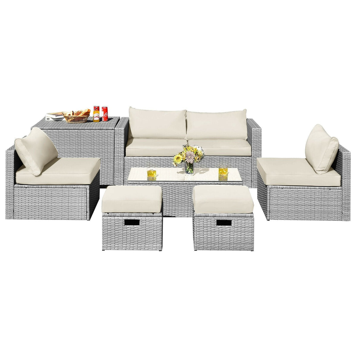 8 Piece Patio Rattan Set with Storage, Nesting Design and Waterproof Cover, Off White
