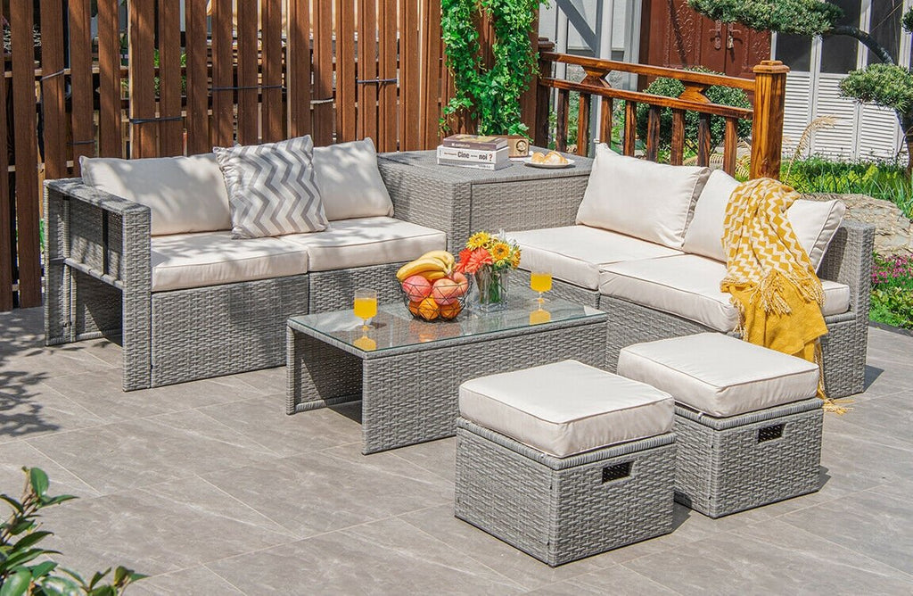8 Piece Patio Rattan Set with Storage, Nesting Design and Waterproof Cover, Off White