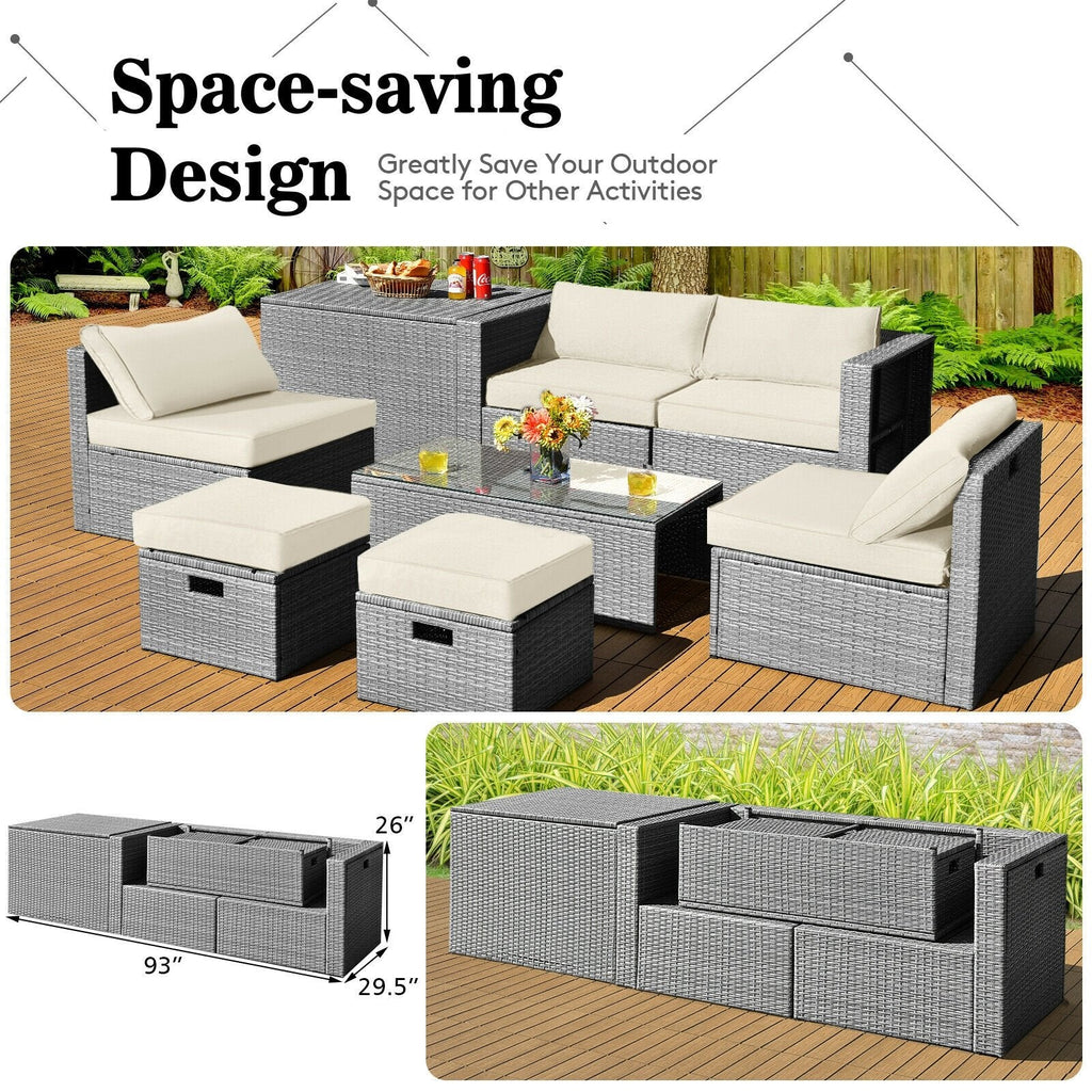 8 Piece Patio Rattan Set with Storage, Nesting Design and Waterproof Cover, Off White