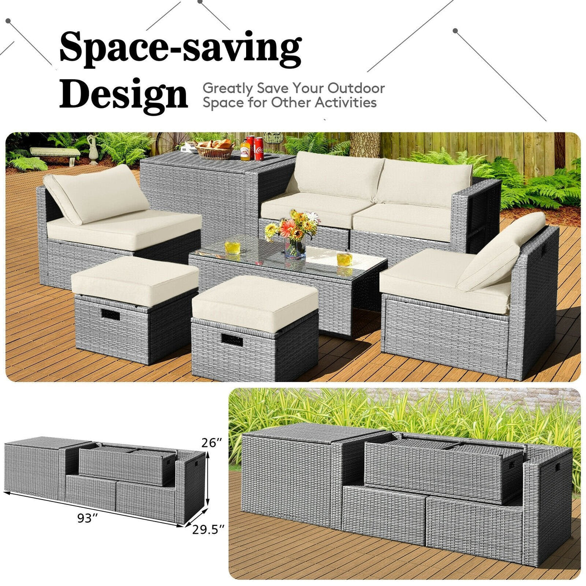 8 Piece Patio Rattan Set with Storage, Nesting Design and Waterproof Cover, Off White