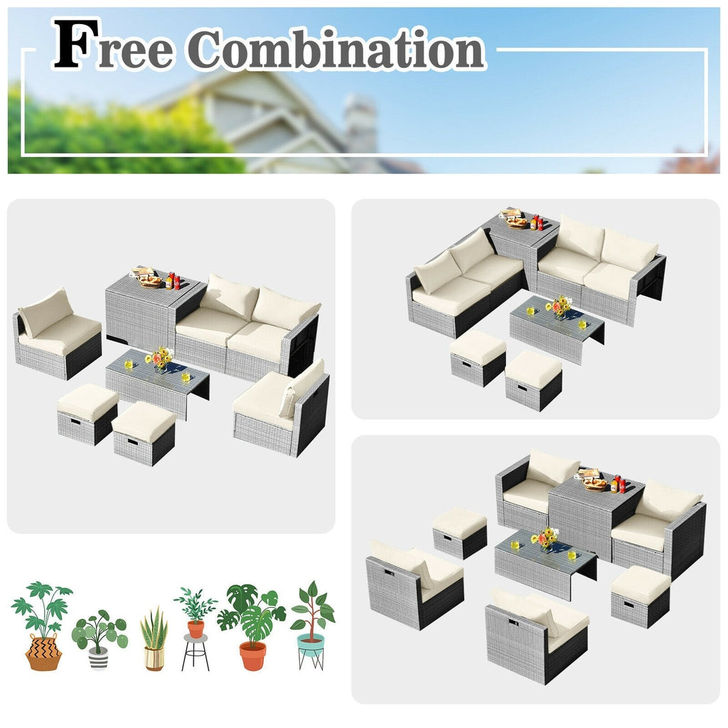 8 Piece Patio Rattan Set with Storage, Nesting Design and Waterproof Cover, Off White