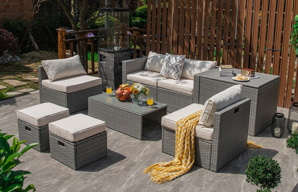 8 Piece Patio Rattan Set with Storage, Nesting Design and Waterproof Cover, Off White