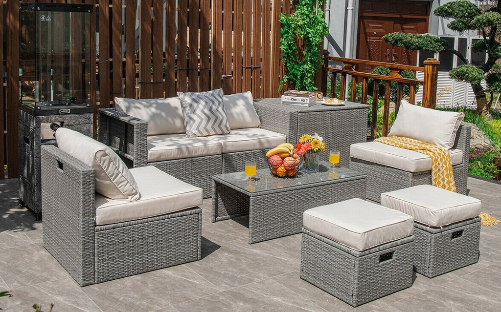 8 Piece Patio Rattan Set with Storage, Nesting Design and Waterproof Cover, Off White
