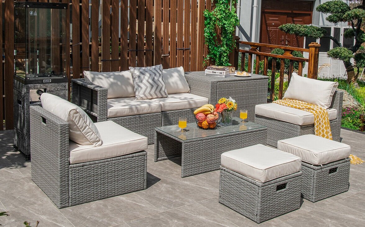 8 Piece Patio Rattan Set with Storage, Nesting Design and Waterproof Cover, Off White