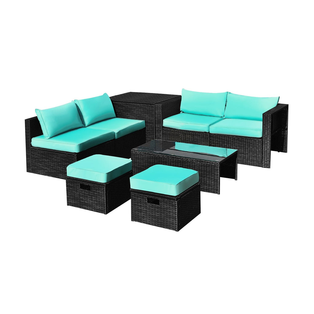 8 Piece Black Rattan Patio Set with Storage Table, Ottomans and Cover, Turquoise