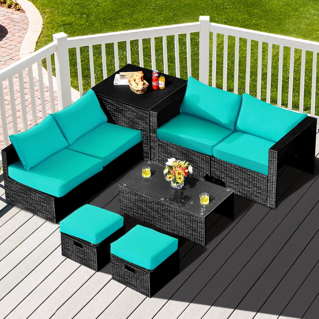 8 Piece Black Rattan Patio Set with Storage Table, Ottomans and Cover, Turquoise