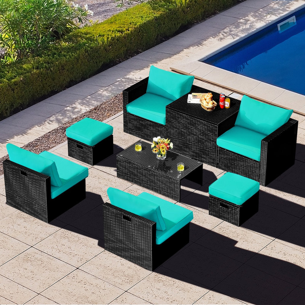 8 Piece Black Rattan Patio Set with Storage Table, Ottomans and Cover, Turquoise