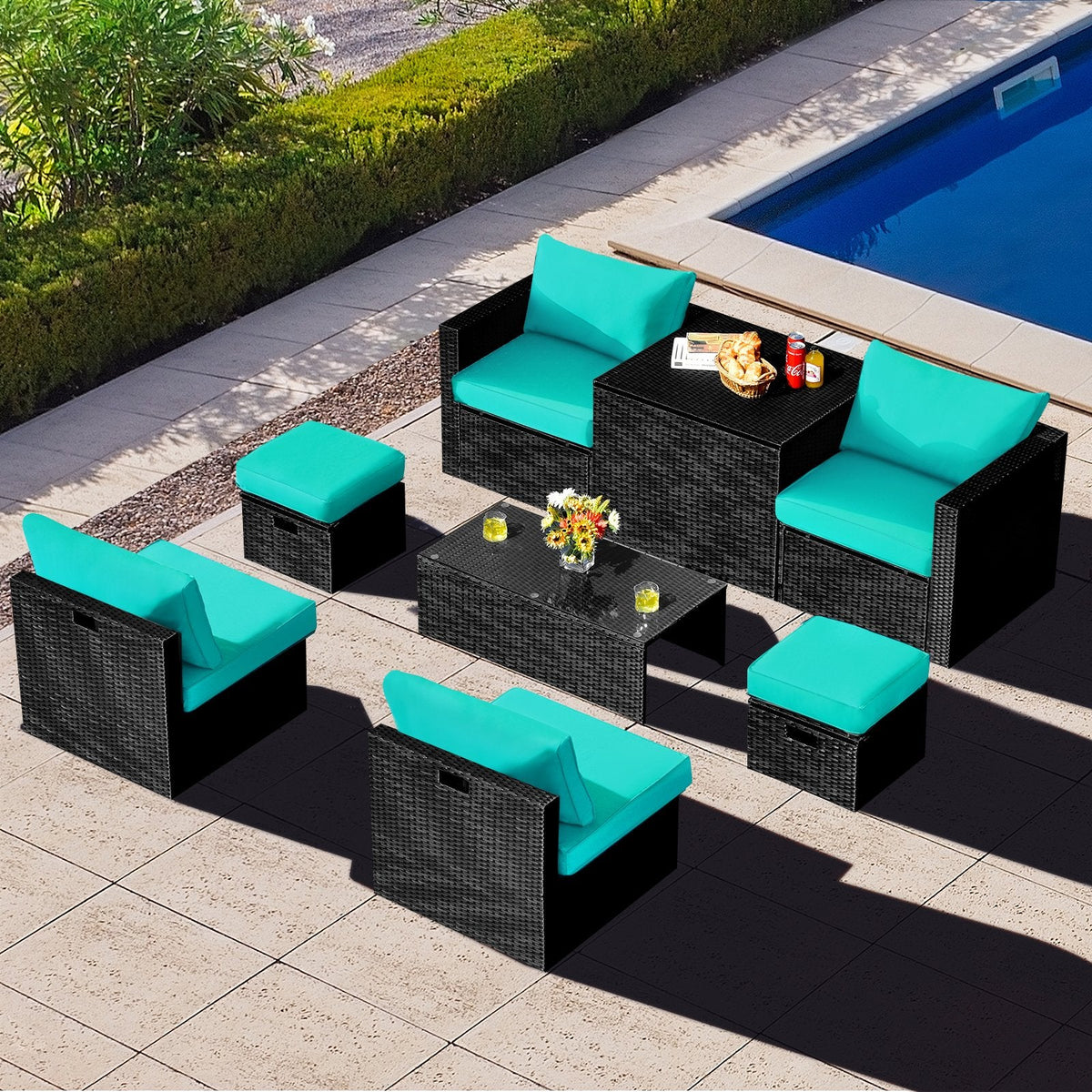 8 Piece Black Rattan Patio Set with Storage Table, Ottomans and Cover, Turquoise