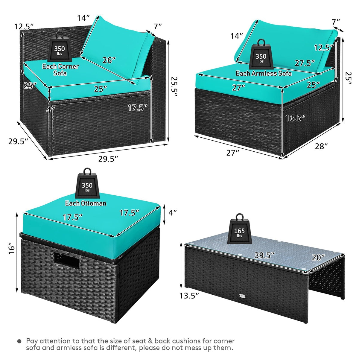 8 Piece Black Rattan Patio Set with Storage Table, Ottomans and Cover, Turquoise