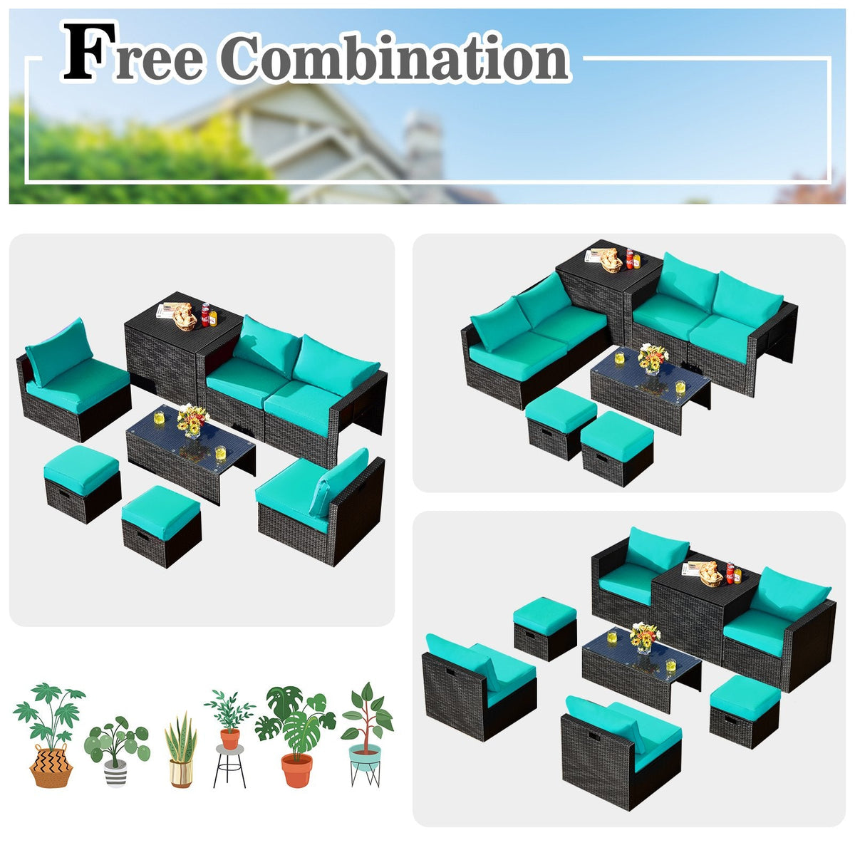 8 Piece Black Rattan Patio Set with Storage Table, Ottomans and Cover, Turquoise