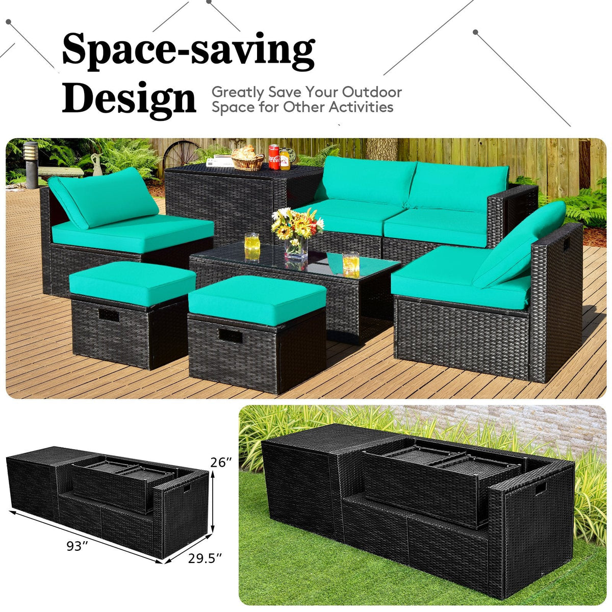 8 Piece Black Rattan Patio Set with Storage Table, Ottomans and Cover, Turquoise