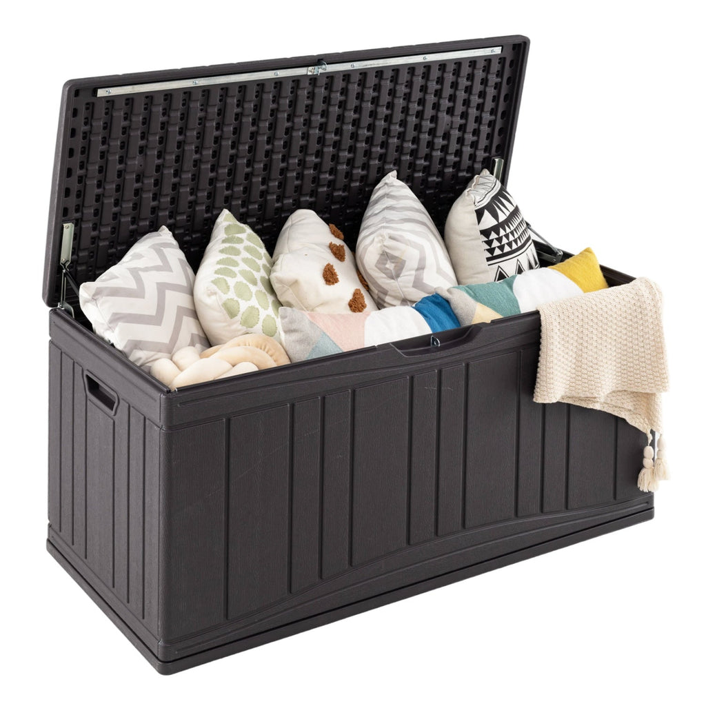 300 L Outdoor Deck Box with Lockable Lid for Garden Tools Cushions-Brown