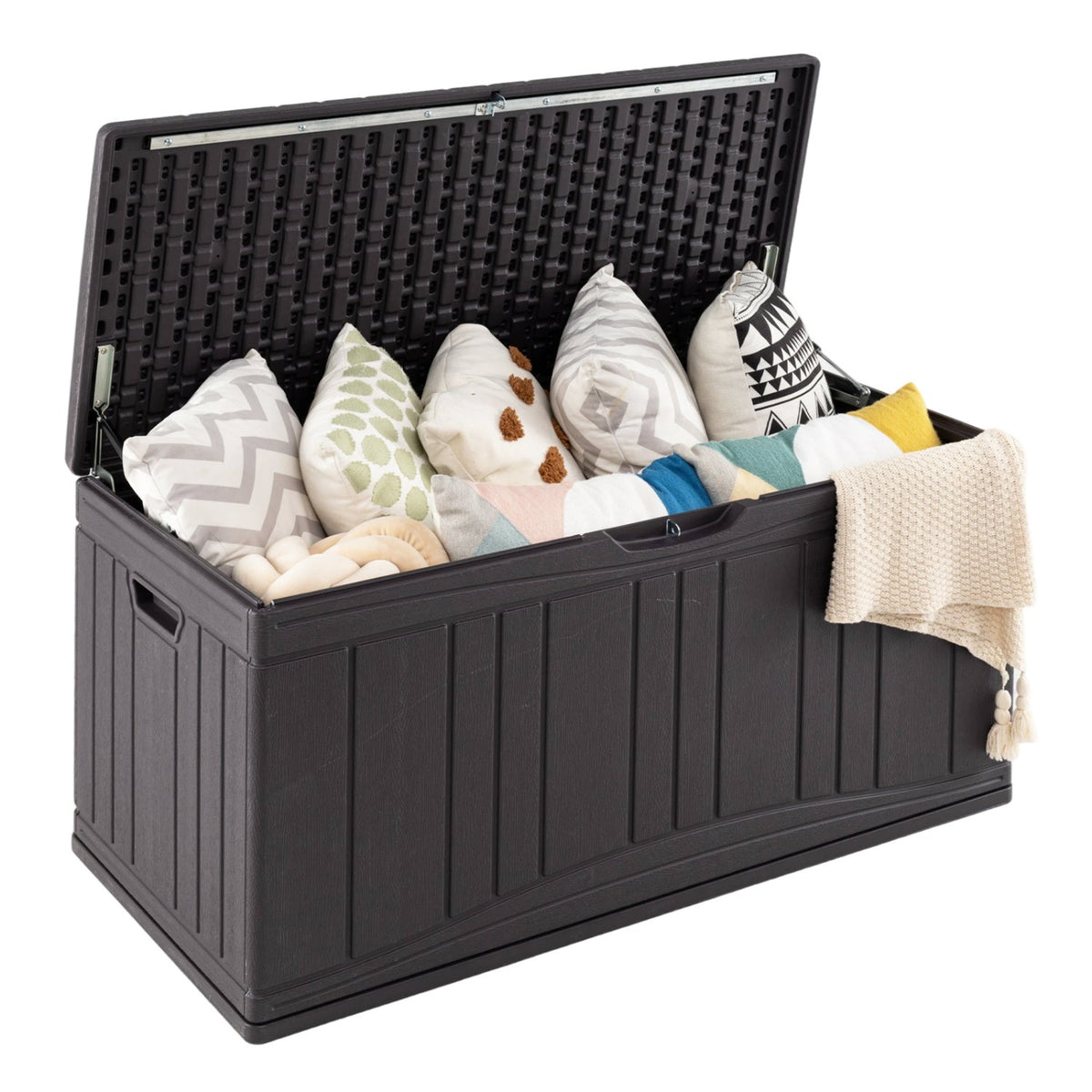 300 L Outdoor Deck Box with Lockable Lid for Garden Tools Cushions-Brown