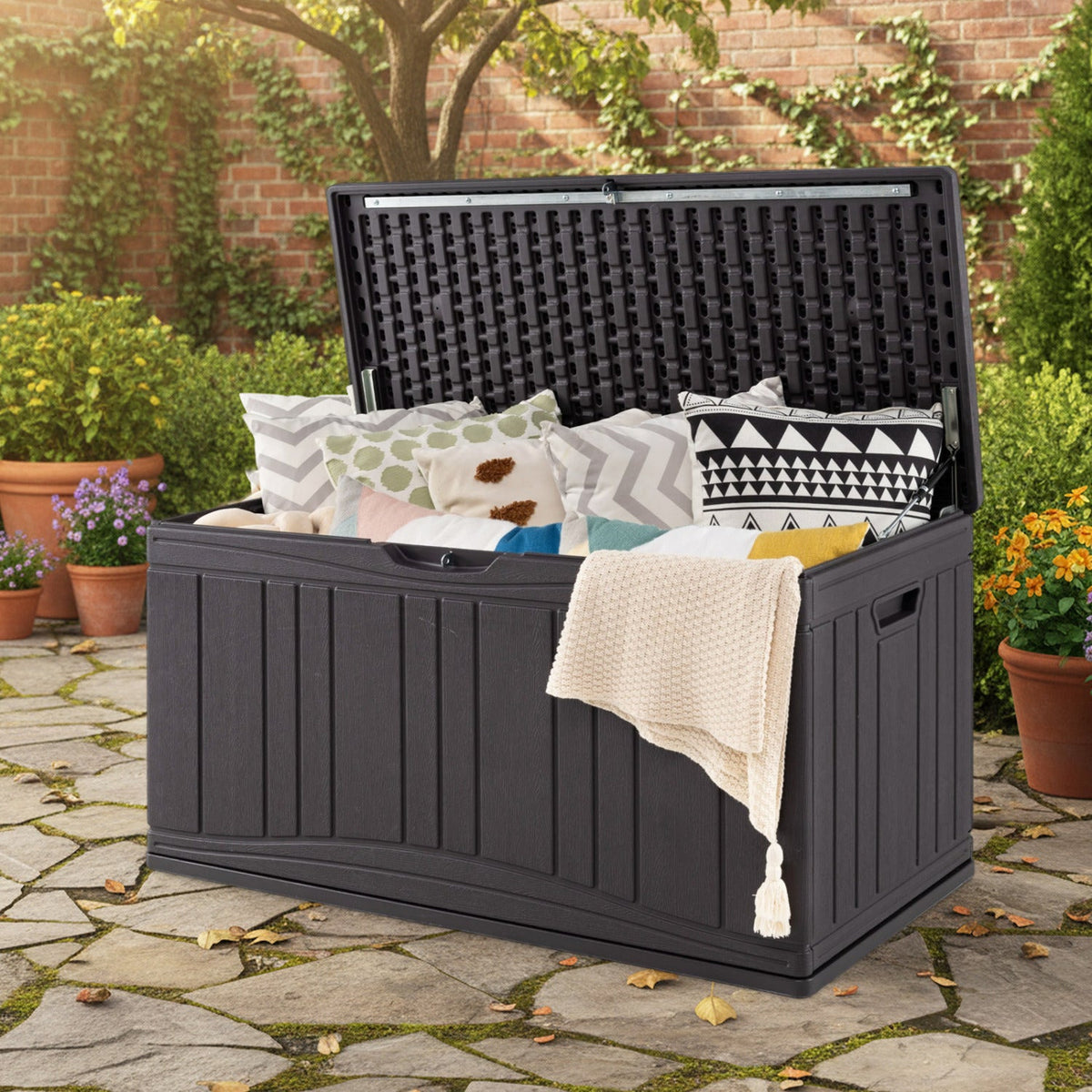 300 L Outdoor Deck Box with Lockable Lid for Garden Tools Cushions-Brown