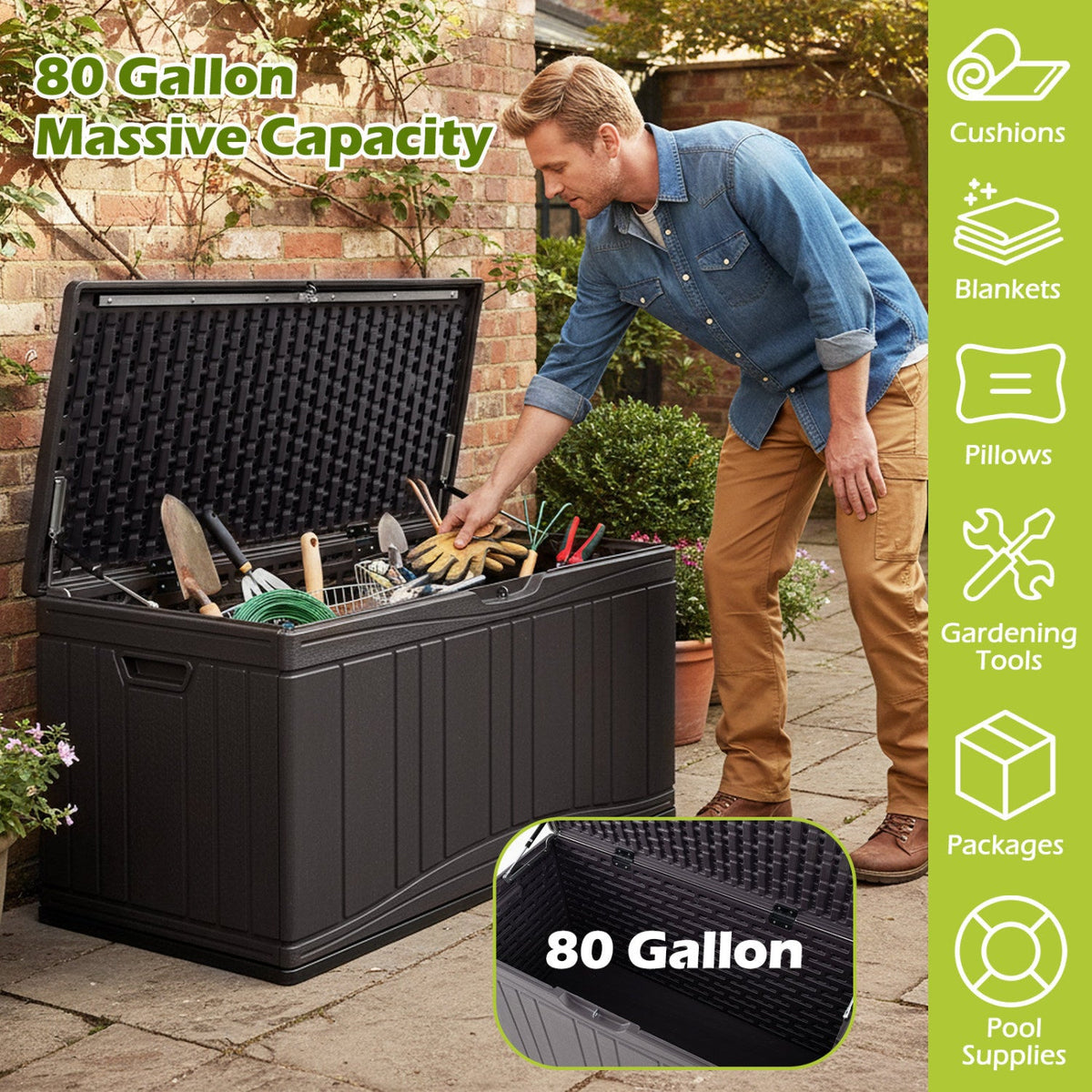 300 L Outdoor Deck Box with Lockable Lid for Garden Tools Cushions-Brown
