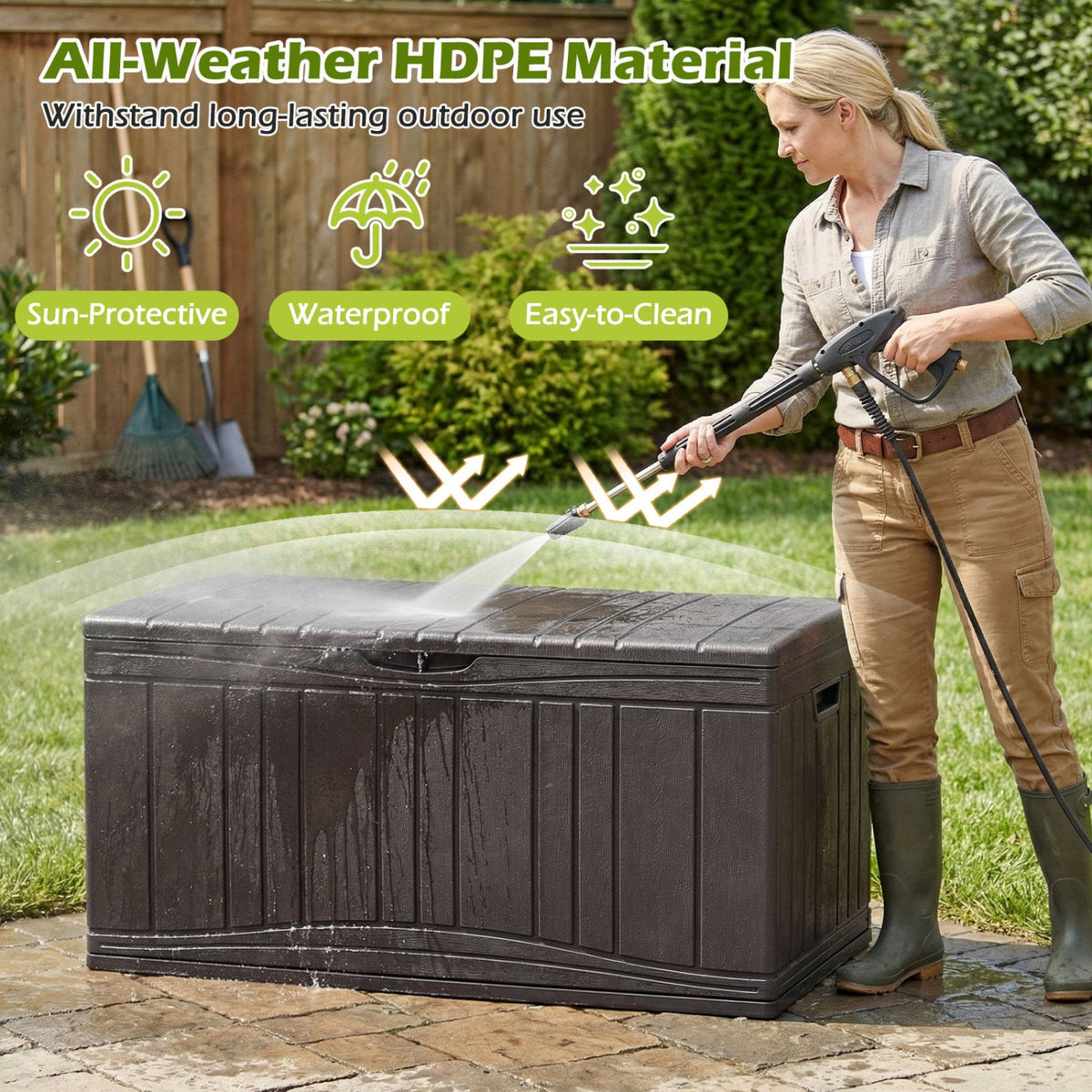 300 L Outdoor Deck Box with Lockable Lid for Garden Tools Cushions-Brown