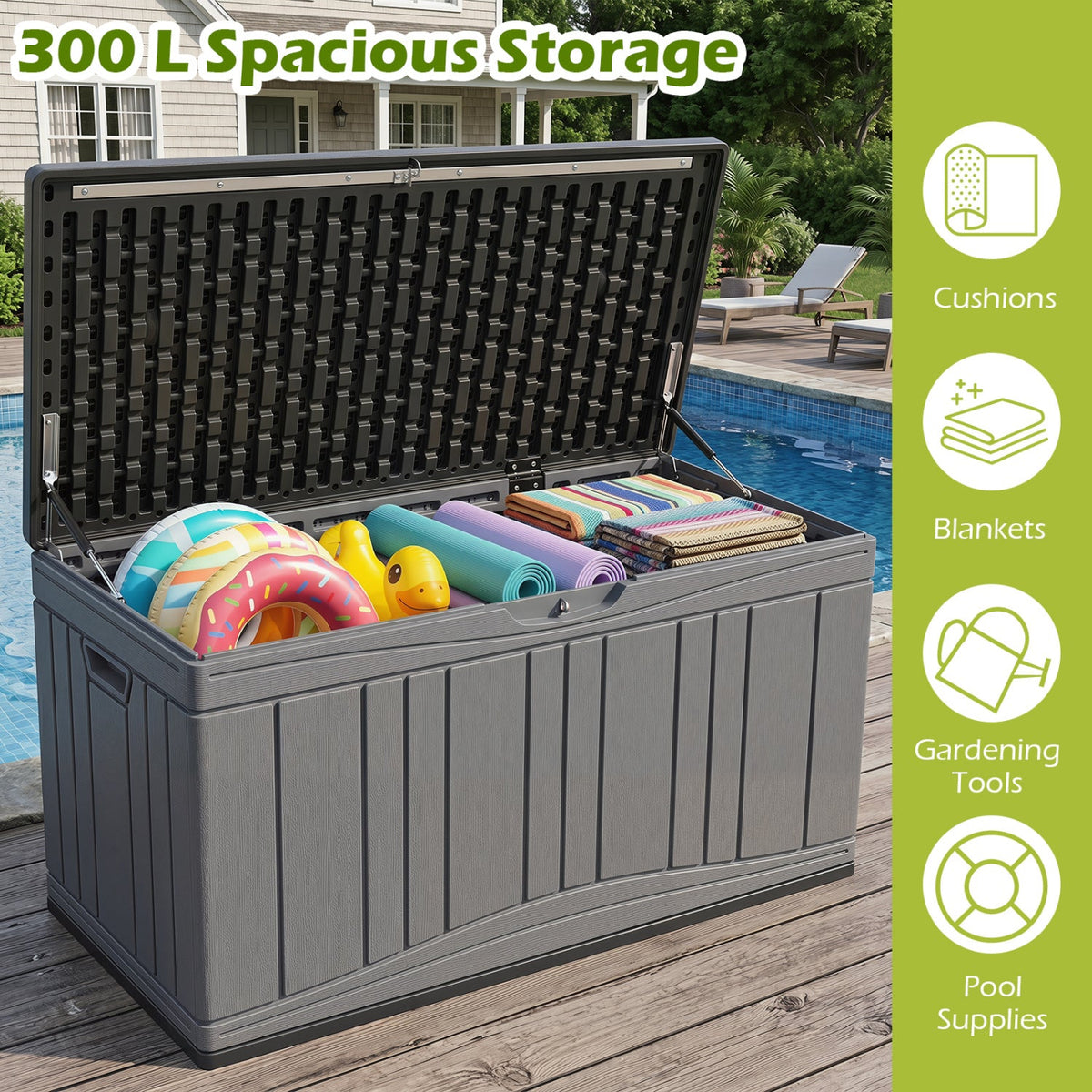 300 L Outdoor Deck Box with Lockable Lid for Garden Tools Cushions-Dark Gray