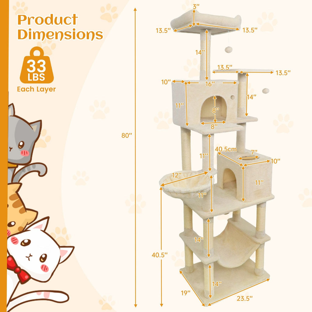 80 Inch Cat Tree with Two Condos, a Skylight Hole and Eleven Sisal Posts