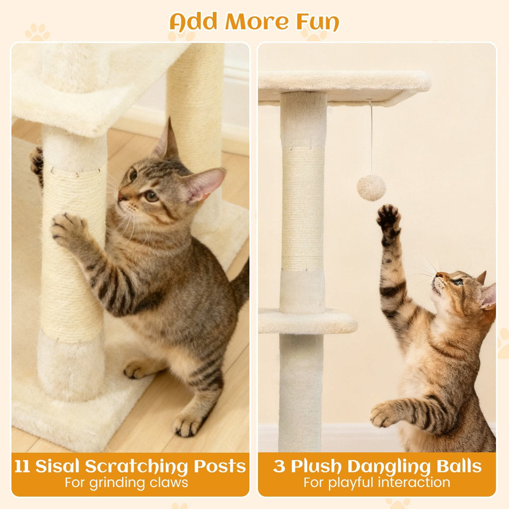 80 Inch Cat Tree with Two Condos, a Skylight Hole and Eleven Sisal Posts