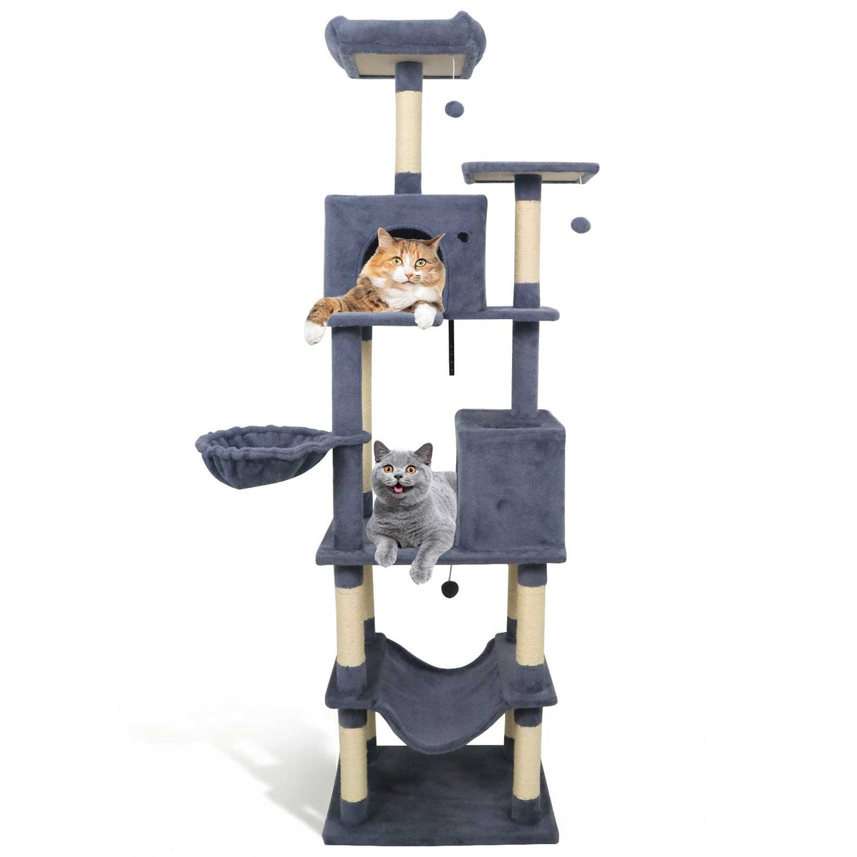 80 Inch Dark Grey Cat Tree with Two Condos, a Hammock and a Turning Basket