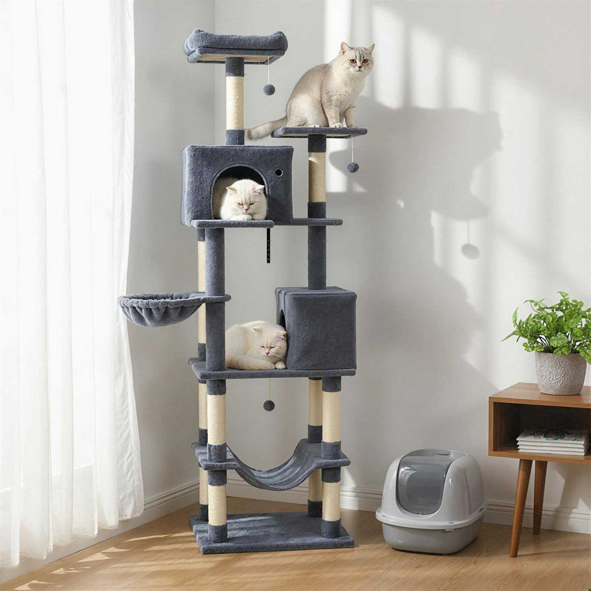 80 Inch Dark Grey Cat Tree with Two Condos, a Hammock and a Turning Basket