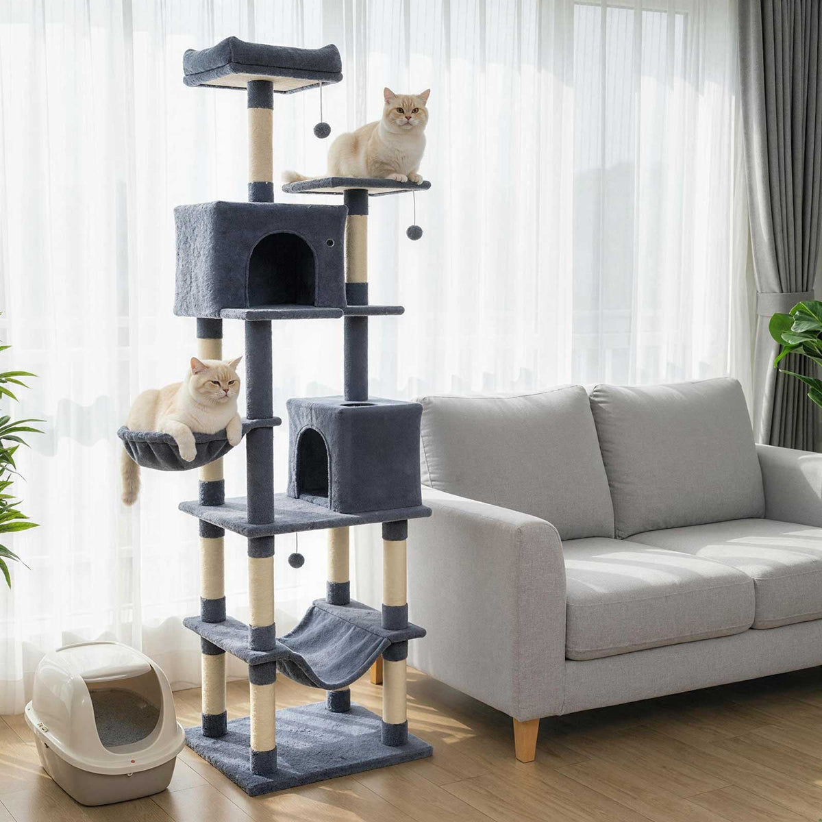 80 Inch Dark Grey Cat Tree with Two Condos, a Hammock and a Turning Basket